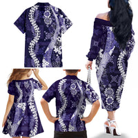 Hawaii Puakenikeni and Maile Lei Family Matching Off The Shoulder Long Sleeve Dress and Hawaiian Shirt Purple Japanese Wave Style - Polynesian Pride