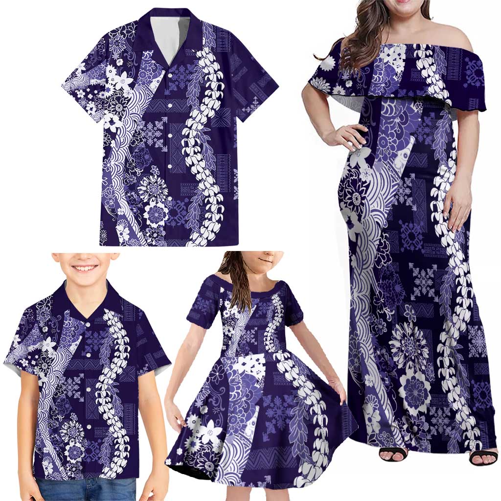 Hawaii Puakenikeni and Maile Lei Family Matching Off Shoulder Maxi Dress and Hawaiian Shirt Purple Japanese Wave Style - Polynesian Pride