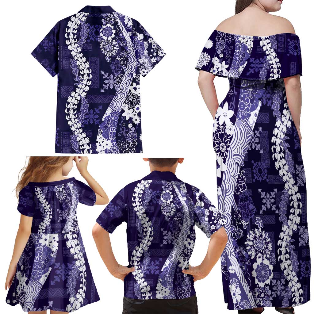 Hawaii Puakenikeni and Maile Lei Family Matching Off Shoulder Maxi Dress and Hawaiian Shirt Purple Japanese Wave Style - Polynesian Pride