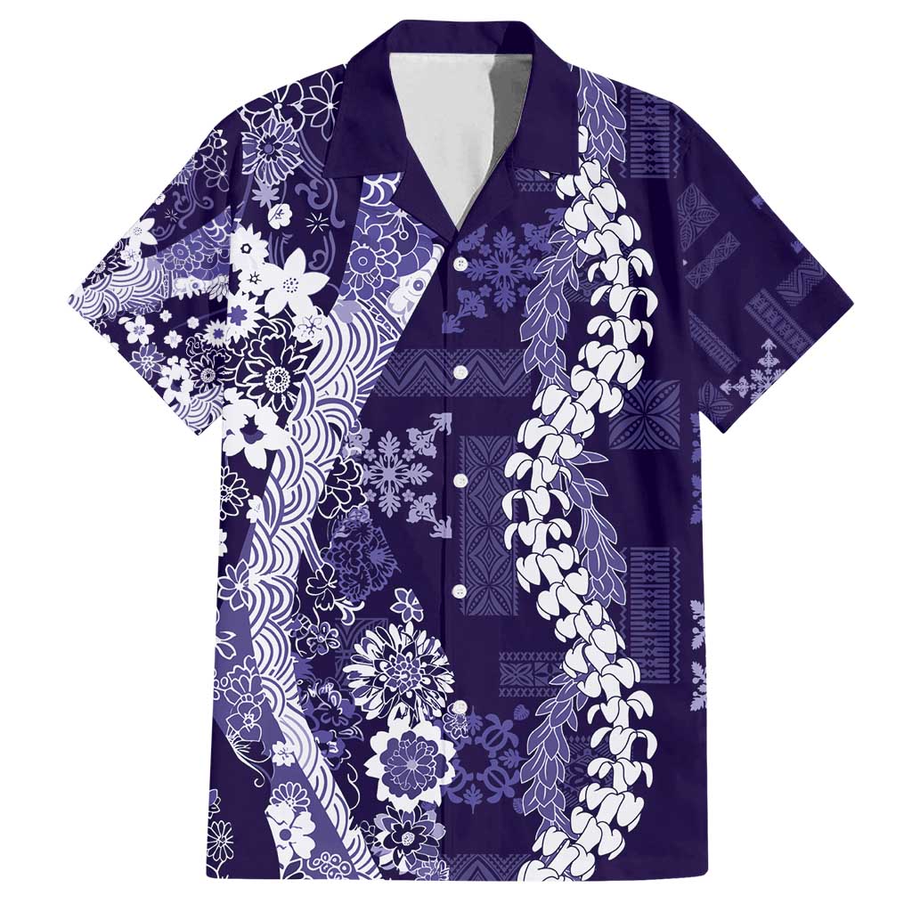 Hawaii Puakenikeni and Maile Lei Family Matching Off Shoulder Maxi Dress and Hawaiian Shirt Purple Japanese Wave Style - Polynesian Pride