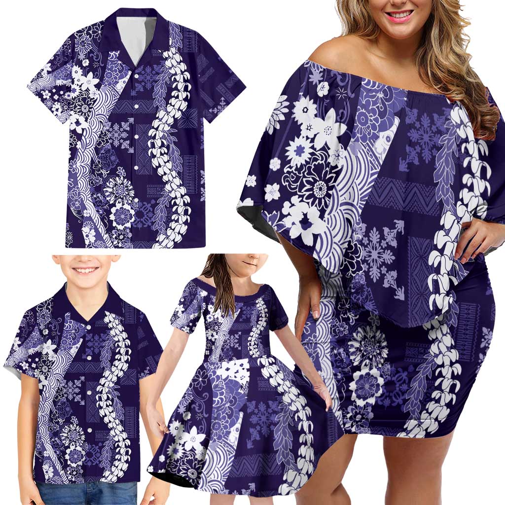 Hawaii Puakenikeni and Maile Lei Family Matching Off Shoulder Short Dress and Hawaiian Shirt Purple Japanese Wave Style - Polynesian Pride