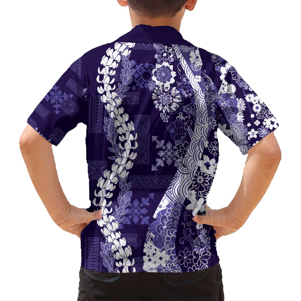 Hawaii Puakenikeni and Maile Lei Family Matching Puletasi and Hawaiian Shirt Purple Japanese Wave Style - Polynesian Pride