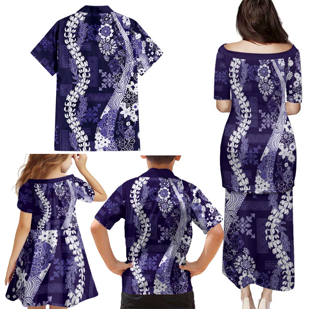 Hawaii Puakenikeni and Maile Lei Family Matching Puletasi and Hawaiian Shirt Purple Japanese Wave Style - Polynesian Pride