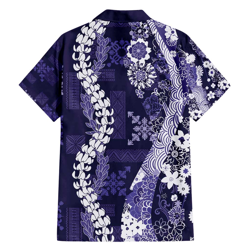 Hawaii Puakenikeni and Maile Lei Family Matching Puletasi and Hawaiian Shirt Purple Japanese Wave Style - Polynesian Pride