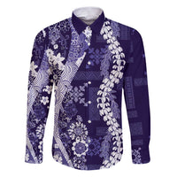 Hawaii Puakenikeni and Maile Lei Family Matching Puletasi and Hawaiian Shirt Purple Japanese Wave Style - Polynesian Pride