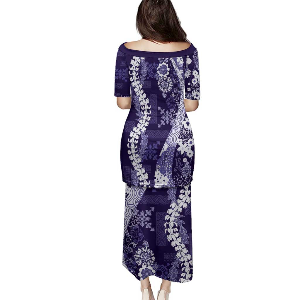 Hawaii Puakenikeni and Maile Lei Family Matching Puletasi and Hawaiian Shirt Purple Japanese Wave Style - Polynesian Pride
