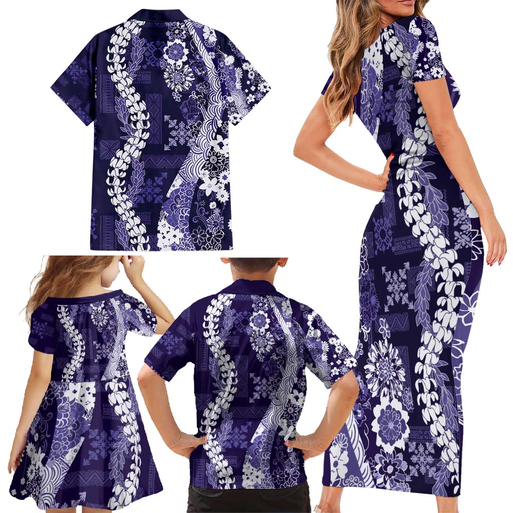 Hawaii Puakenikeni and Maile Lei Family Matching Short Sleeve Bodycon Dress and Hawaiian Shirt Purple Japanese Wave Style - Polynesian Pride