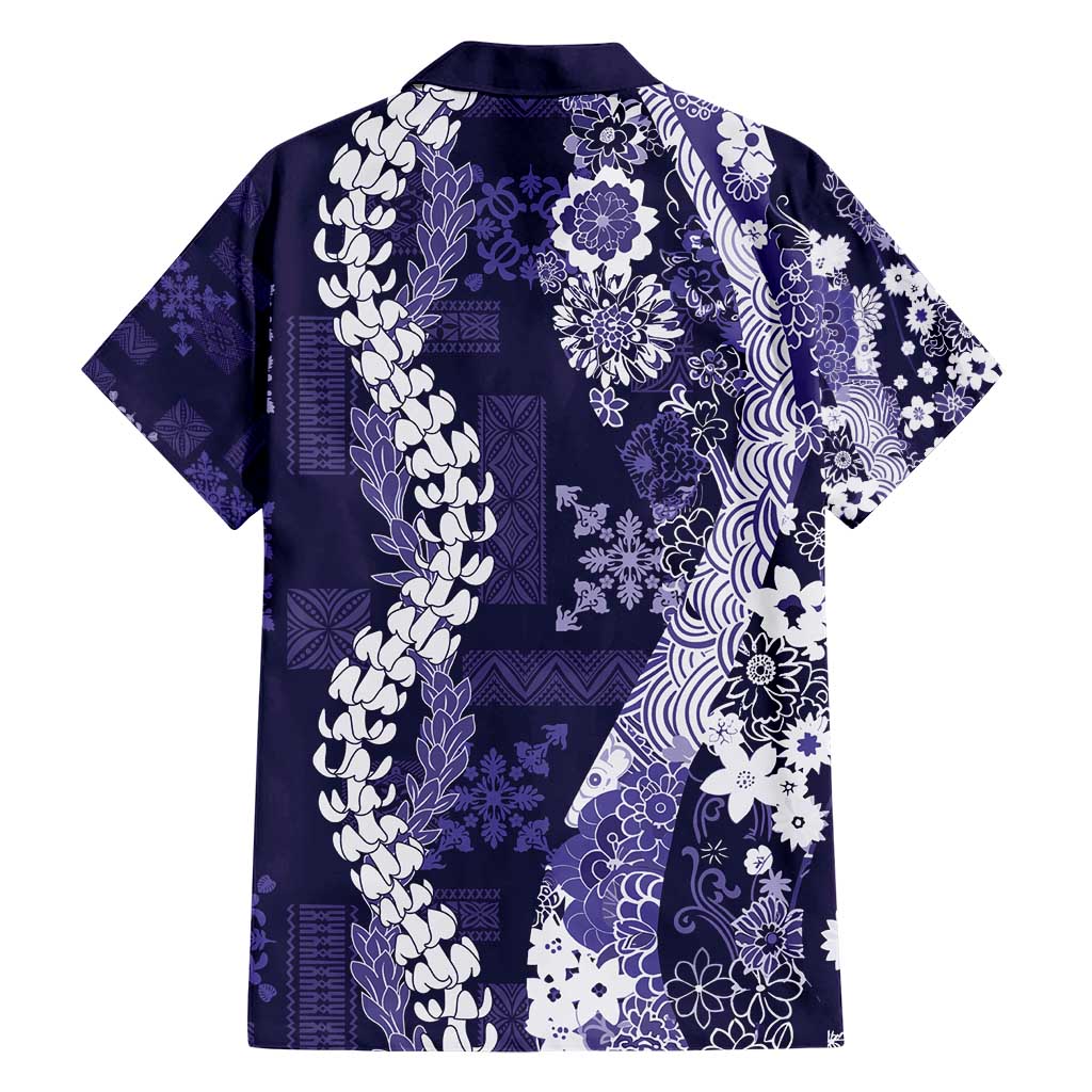 Hawaii Puakenikeni and Maile Lei Family Matching Short Sleeve Bodycon Dress and Hawaiian Shirt Purple Japanese Wave Style - Polynesian Pride