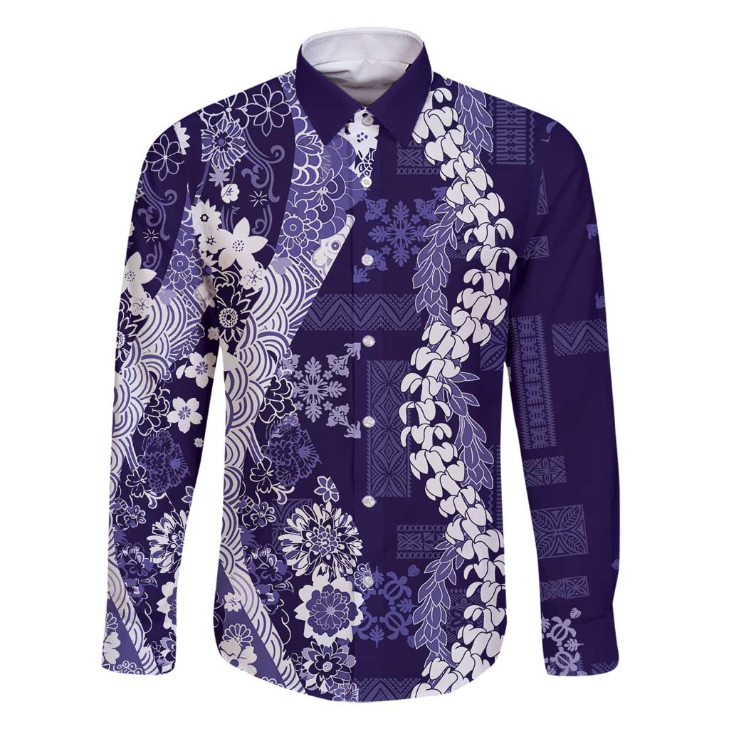 Hawaii Puakenikeni and Maile Lei Family Matching Summer Maxi Dress and Hawaiian Shirt Purple Japanese Wave Style - Polynesian Pride