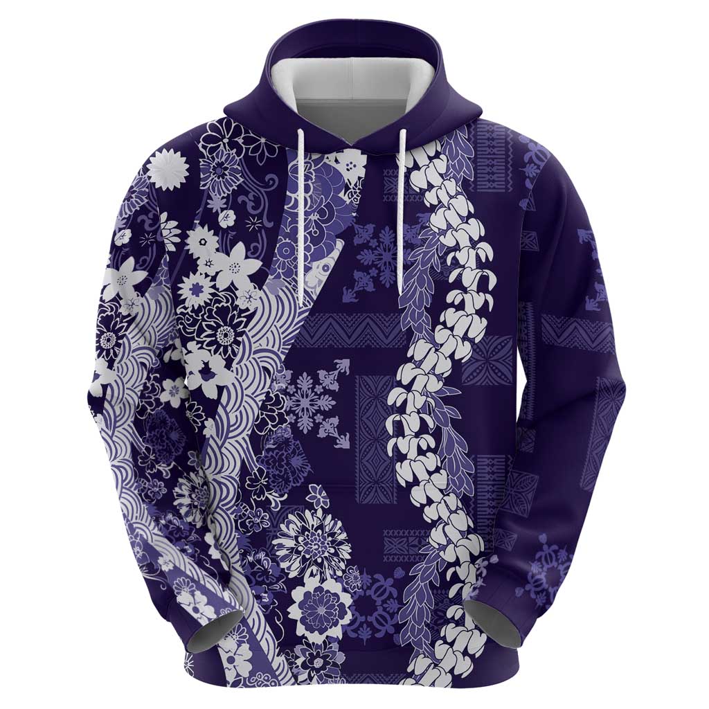 Hawaii Puakenikeni and Maile Lei Hoodie Purple Japanese Wave Style - Polynesian Pride