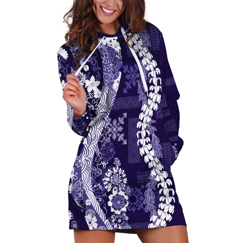 Hawaii Puakenikeni and Maile Lei Hoodie Dress Purple Japanese Wave Style - Polynesian Pride