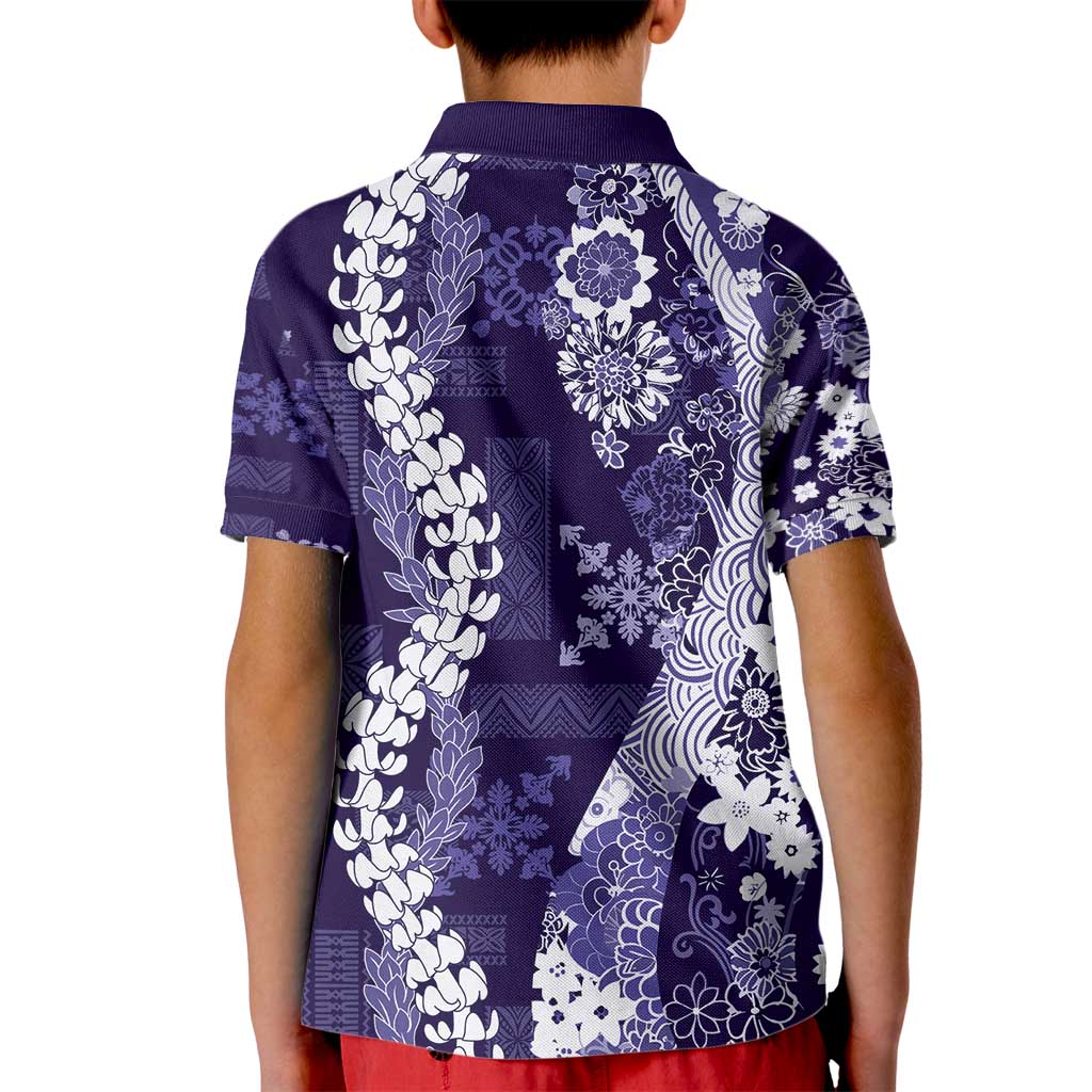 Hawaii Puakenikeni and Maile Lei Kid Polo Shirt Purple Japanese Wave Style - Polynesian Pride