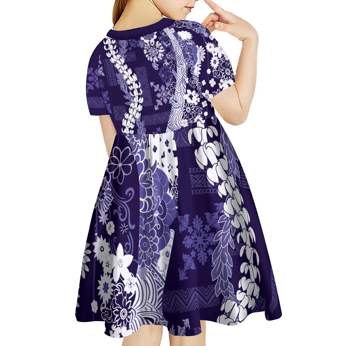 Hawaii Puakenikeni and Maile Lei Kid Short Sleeve Dress Purple Japanese Wave Style - Polynesian Pride