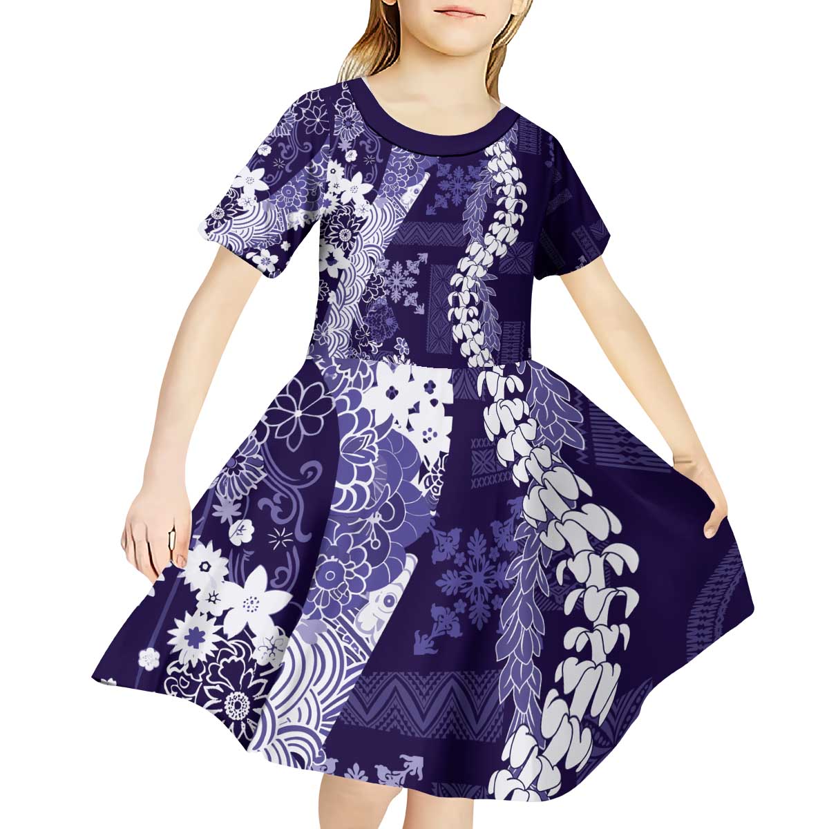 Hawaii Puakenikeni and Maile Lei Kid Short Sleeve Dress Purple Japanese Wave Style - Polynesian Pride