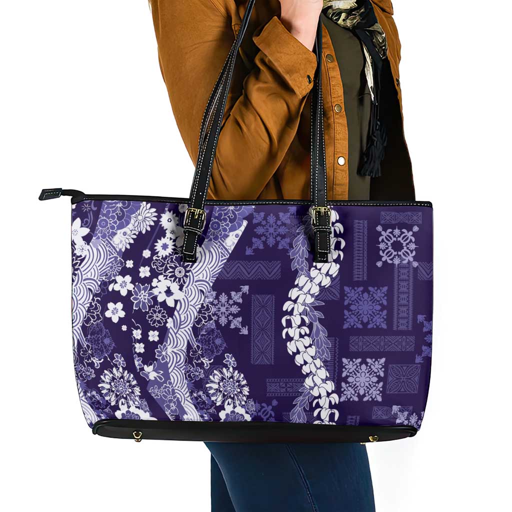 Hawaii Puakenikeni and Maile Lei Leather Tote Bag Purple Japanese Wave Style - Polynesian Pride