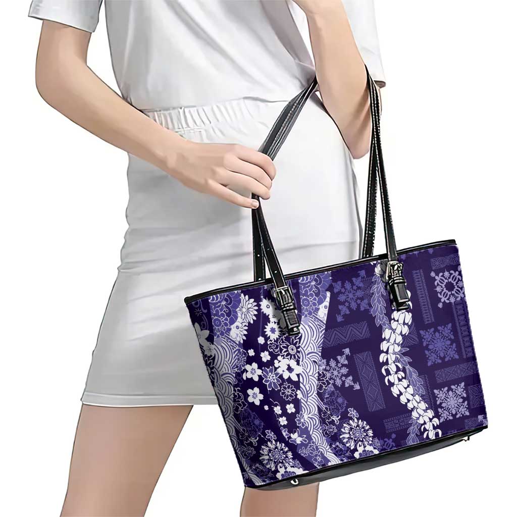 Hawaii Puakenikeni and Maile Lei Leather Tote Bag Purple Japanese Wave Style - Polynesian Pride