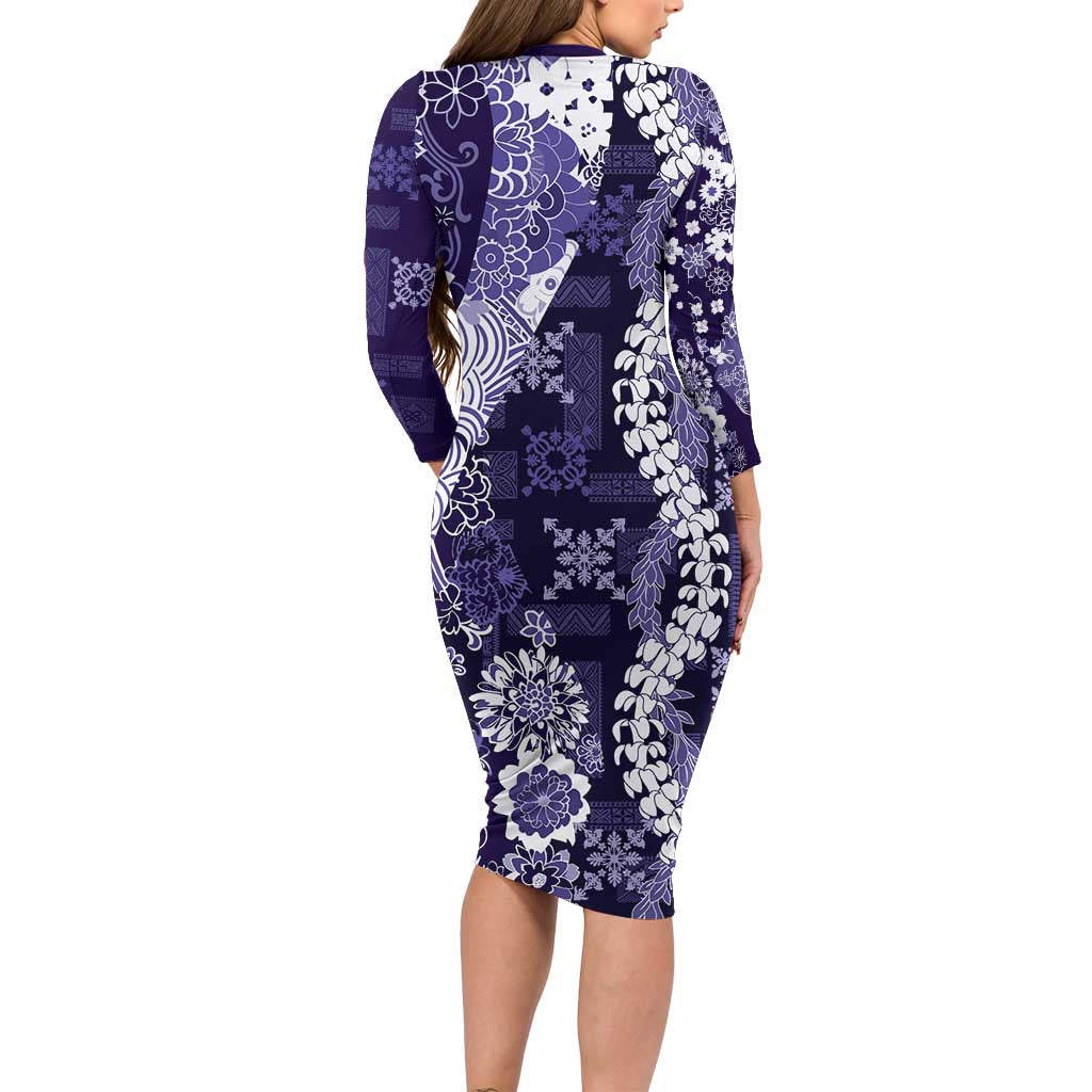 Hawaii Puakenikeni and Maile Lei Long Sleeve Bodycon Dress Purple Japanese Wave Style - Polynesian Pride