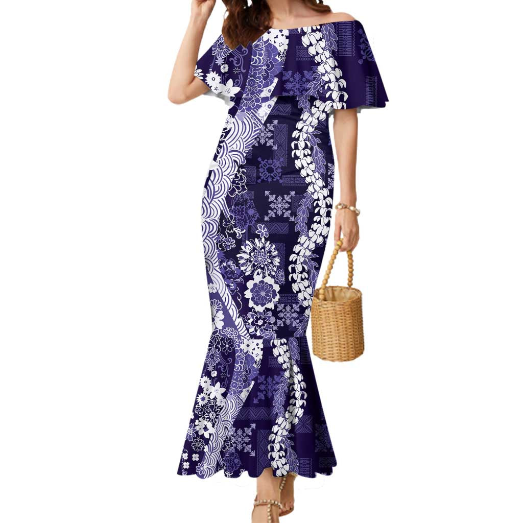 Hawaii Puakenikeni and Maile Lei Mermaid Dress Purple Japanese Wave Style - Polynesian Pride