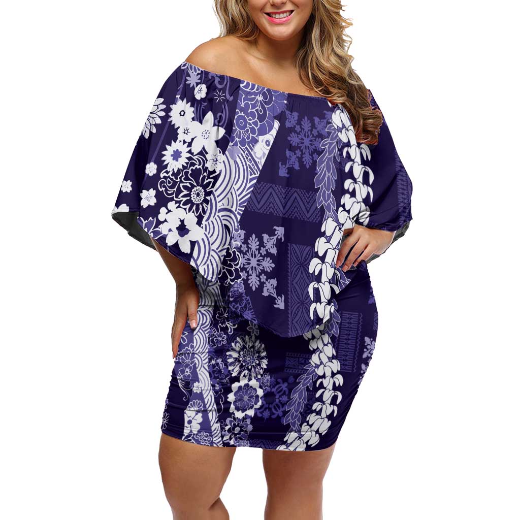 Hawaii Puakenikeni and Maile Lei Off Shoulder Short Dress Purple Japanese Wave Style - Polynesian Pride