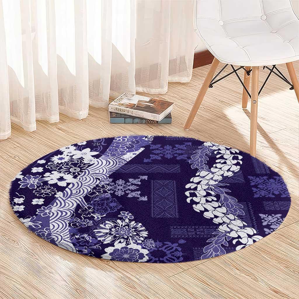 Hawaii Puakenikeni and Maile Lei Round Carpet Purple Japanese Wave Style - Polynesian Pride