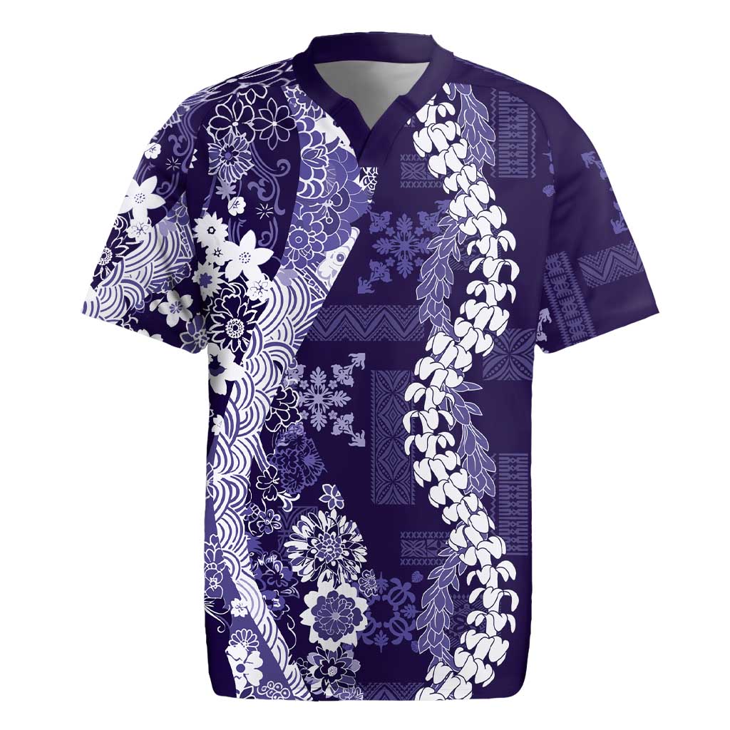 Hawaii Puakenikeni and Maile Lei Rugby Jersey Purple Japanese Wave Style - Polynesian Pride