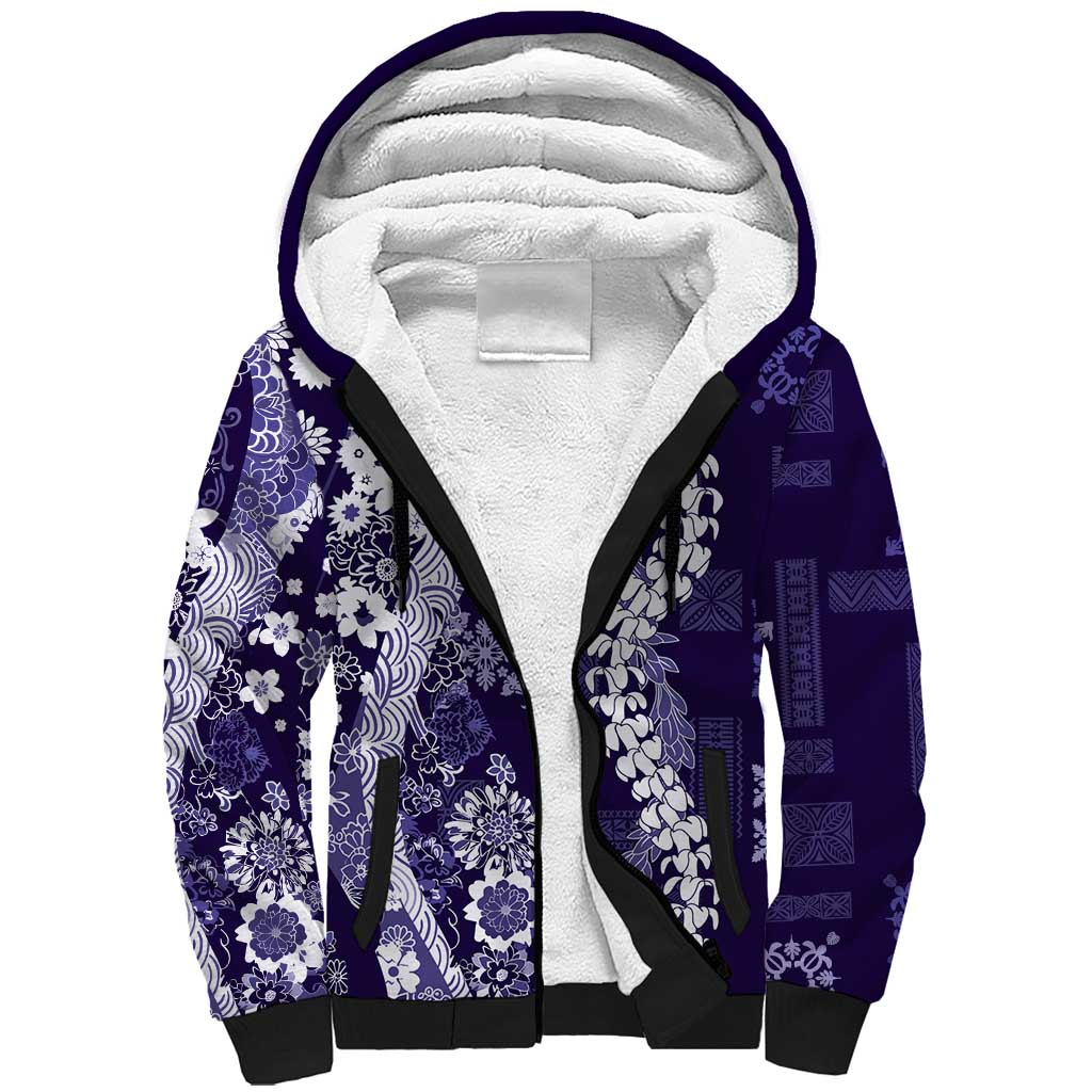 Hawaii Puakenikeni and Maile Lei Sherpa Hoodie Purple Japanese Wave Style - Polynesian Pride