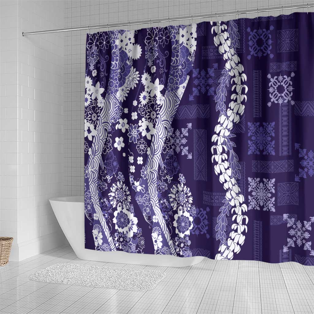 Hawaii Puakenikeni and Maile Lei Shower Curtain Purple Japanese Wave Style - Polynesian Pride