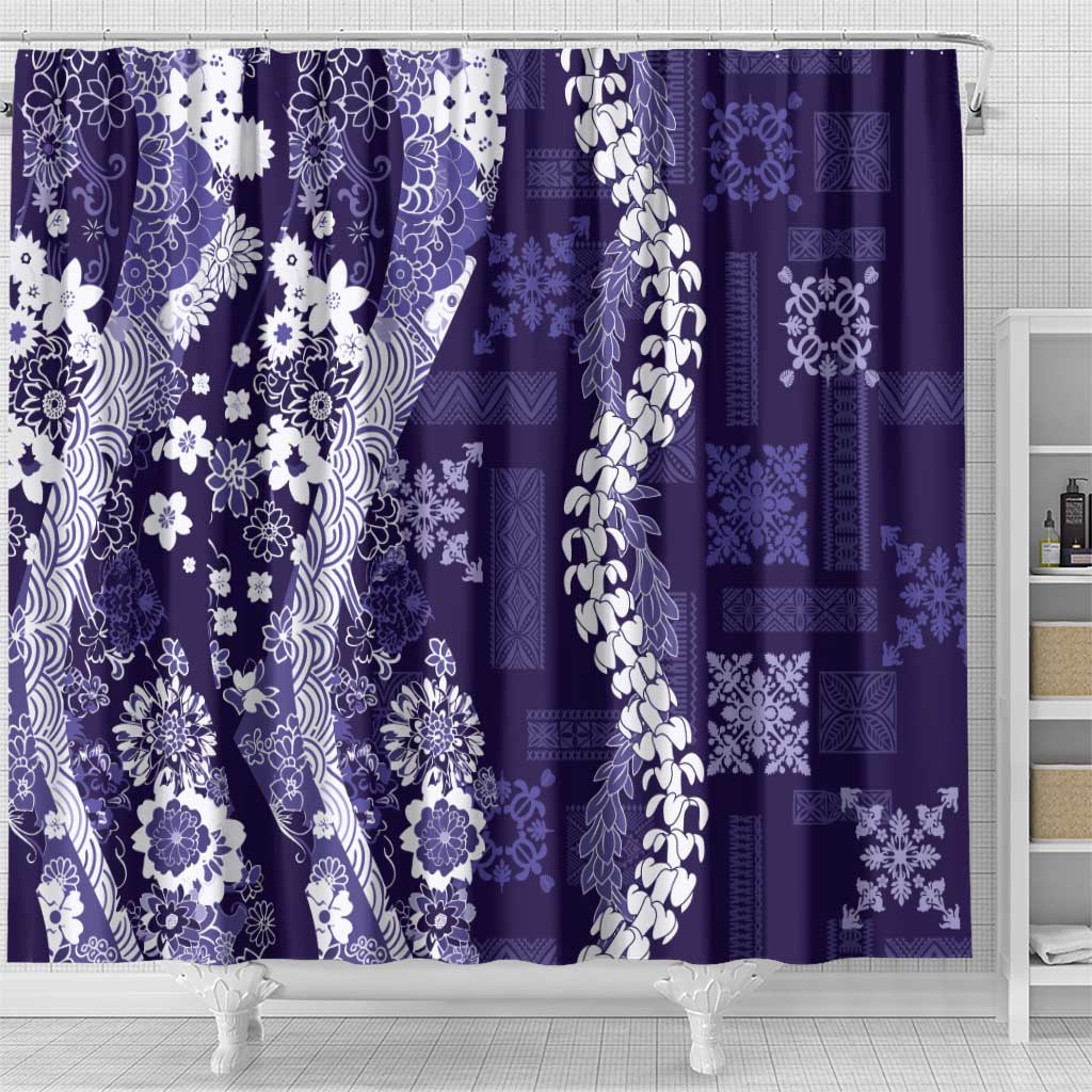 Hawaii Puakenikeni and Maile Lei Shower Curtain Purple Japanese Wave Style - Polynesian Pride