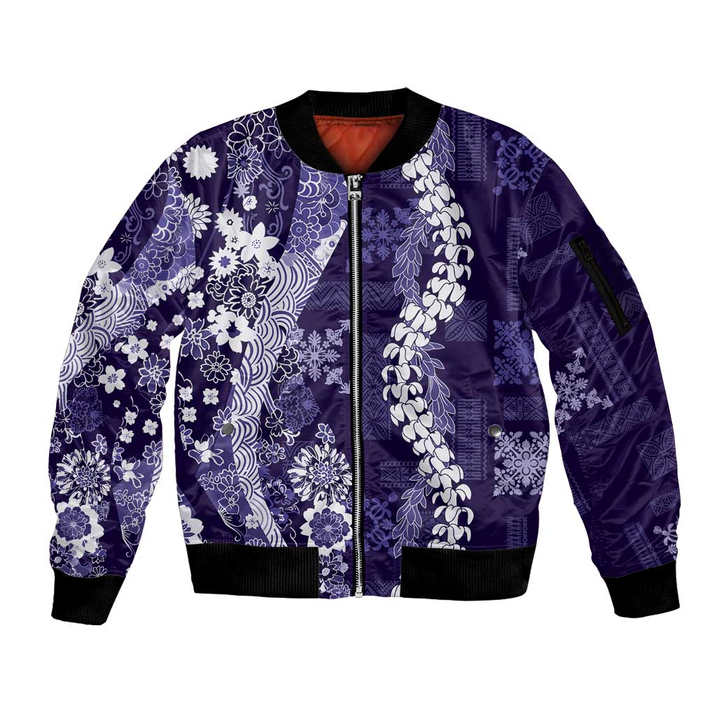 Hawaii Puakenikeni and Maile Lei Sleeve Zip Bomber Jacket Purple Japanese Wave Style - Polynesian Pride