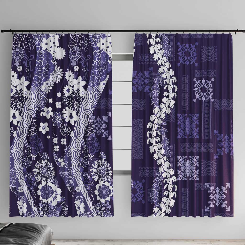 Hawaii Puakenikeni and Maile Lei Window Curtain Purple Japanese Wave Style - Polynesian Pride