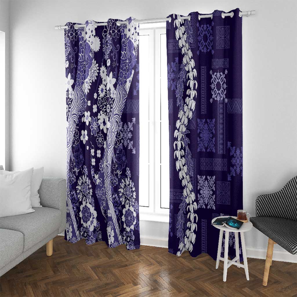 Hawaii Puakenikeni and Maile Lei Window Curtain Purple Japanese Wave Style - Polynesian Pride