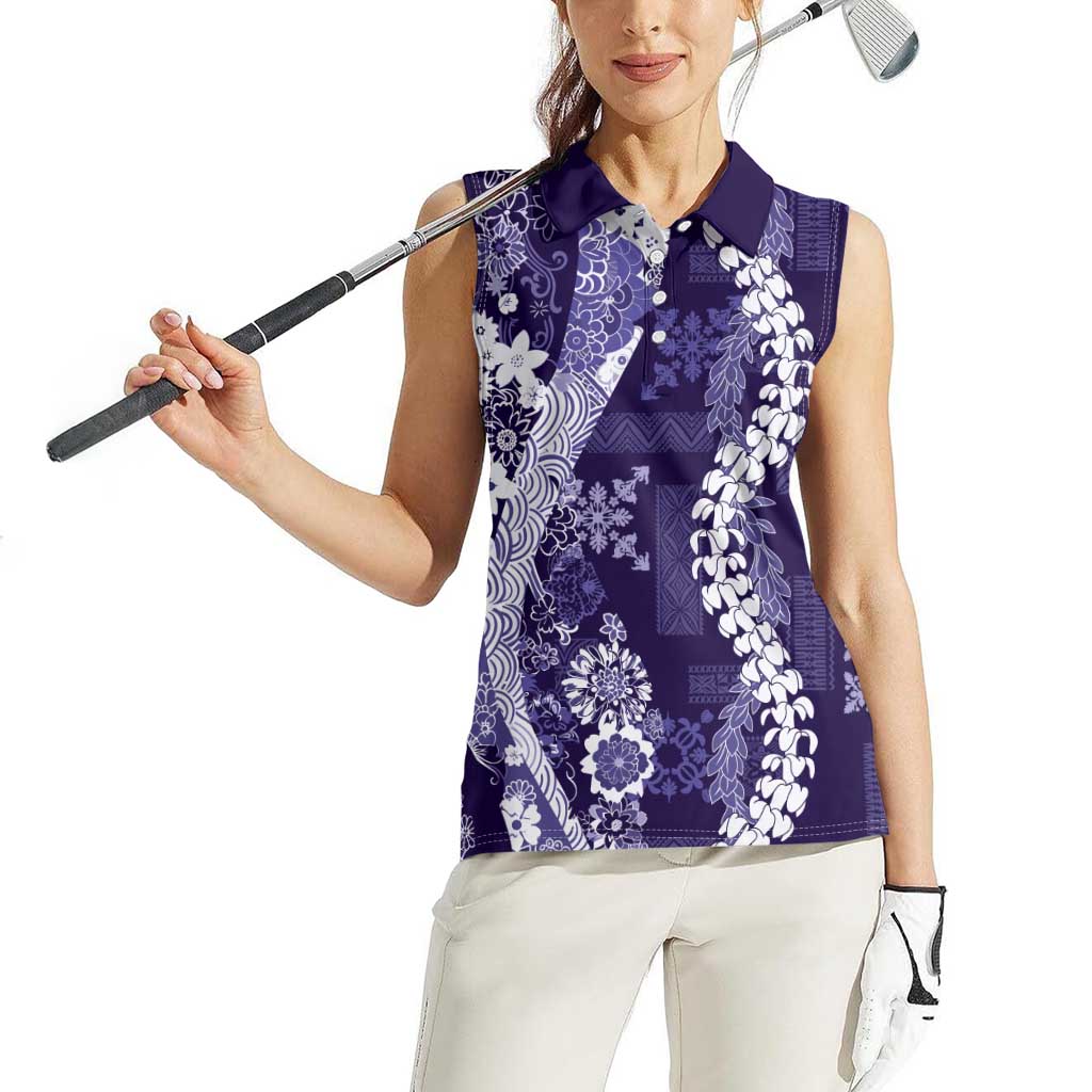 Hawaii Puakenikeni and Maile Lei Women Sleeveless Polo Shirt Purple Japanese Wave Style - Polynesian Pride