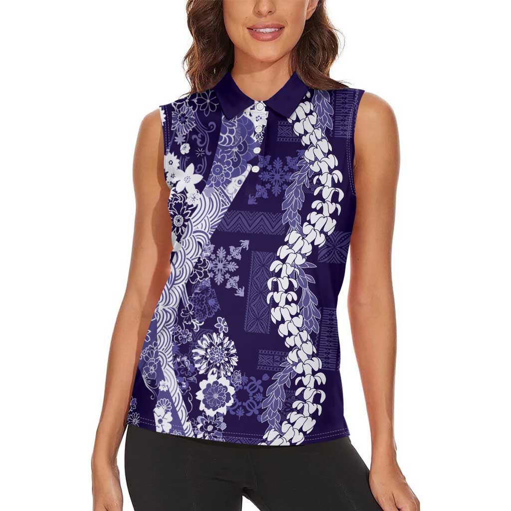Hawaii Puakenikeni and Maile Lei Women Sleeveless Polo Shirt Purple Japanese Wave Style - Polynesian Pride