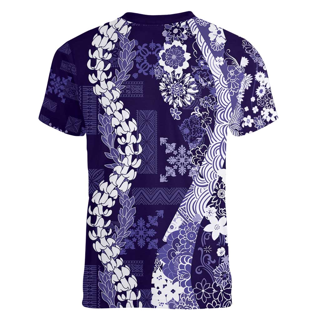 Hawaii Puakenikeni and Maile Lei Women V-Neck T-Shirt Purple Japanese Wave Style - Polynesian Pride