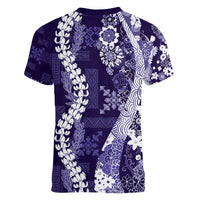 Hawaii Puakenikeni and Maile Lei Women V-Neck T-Shirt Purple Japanese Wave Style - Polynesian Pride