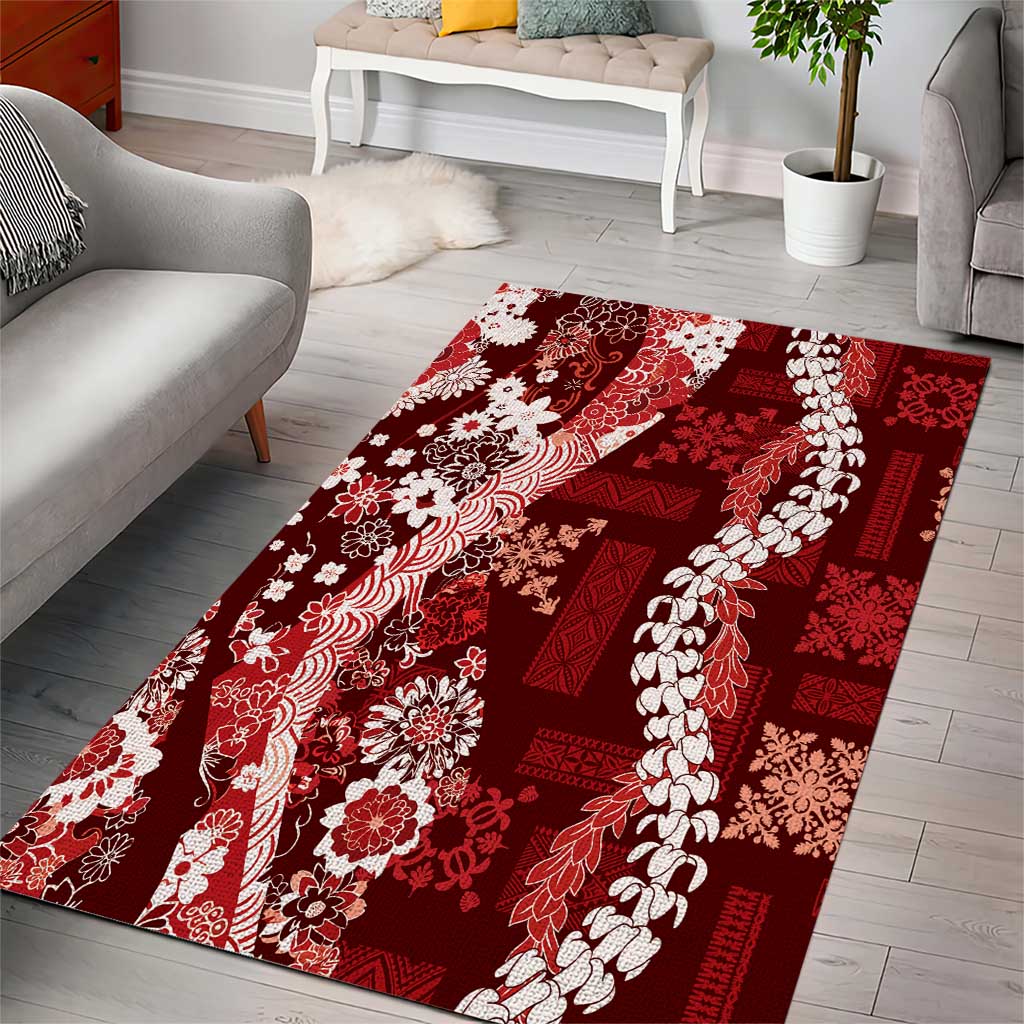 Hawaii Puakenikeni and Maile Lei Area Rug Red Japanese Wave Style - Polynesian Pride