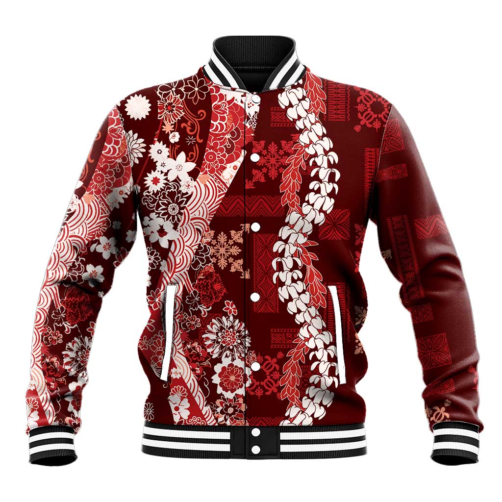Hawaii Puakenikeni and Maile Lei Baseball Jacket Red Japanese Wave Style LT9 Unisex Red - Polynesian Pride