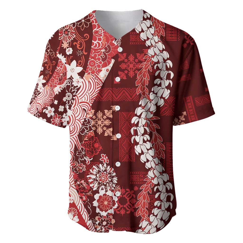 Hawaii Puakenikeni and Maile Lei Baseball Jersey Red Japanese Wave Style - Polynesian Pride