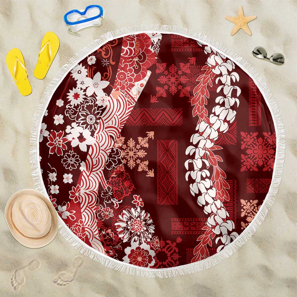 Hawaii Puakenikeni and Maile Lei Beach Blanket Red Japanese Wave Style - Polynesian Pride