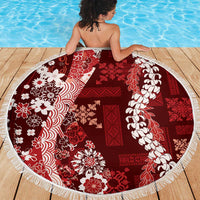 Hawaii Puakenikeni and Maile Lei Beach Blanket Red Japanese Wave Style - Polynesian Pride