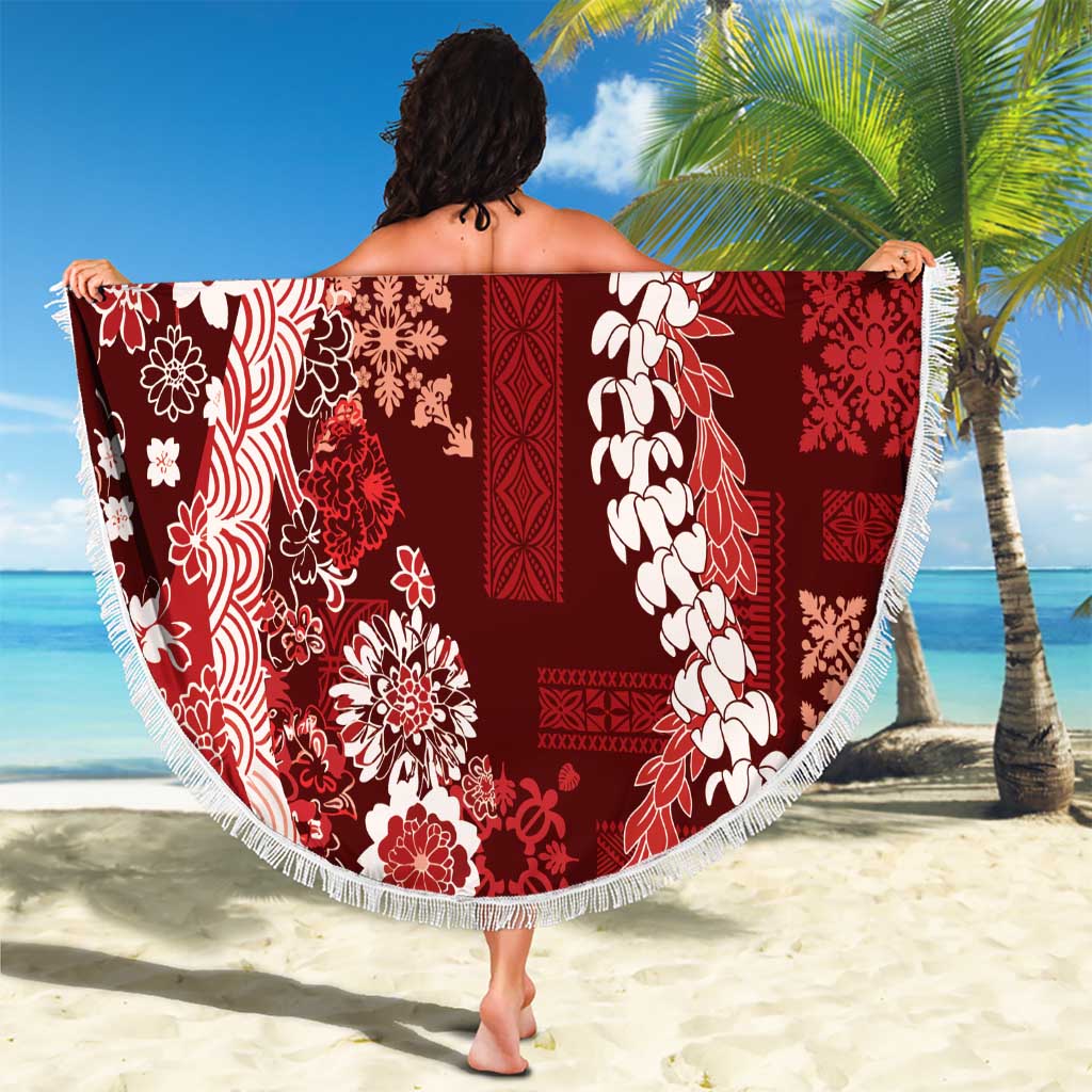 Hawaii Puakenikeni and Maile Lei Beach Blanket Red Japanese Wave Style - Polynesian Pride