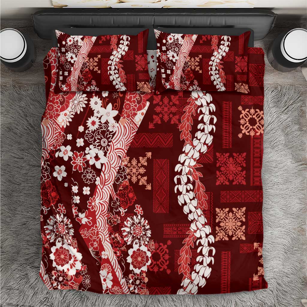 Hawaii Puakenikeni and Maile Lei Bedding Set Red Japanese Wave Style - Polynesian Pride