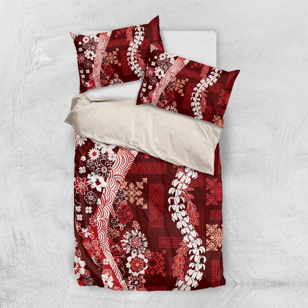 Hawaii Puakenikeni and Maile Lei Bedding Set Red Japanese Wave Style - Polynesian Pride