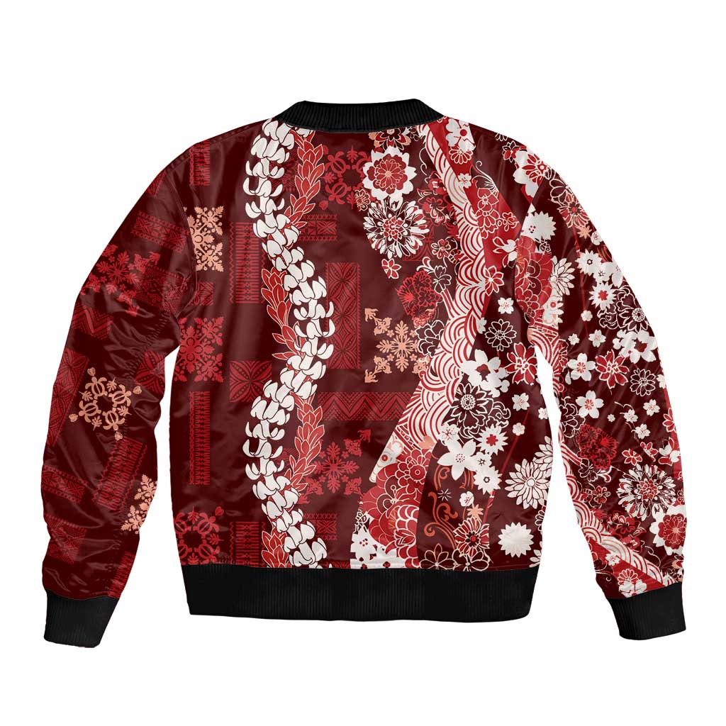 Hawaii Puakenikeni and Maile Lei Bomber Jacket Red Japanese Wave Style - Polynesian Pride
