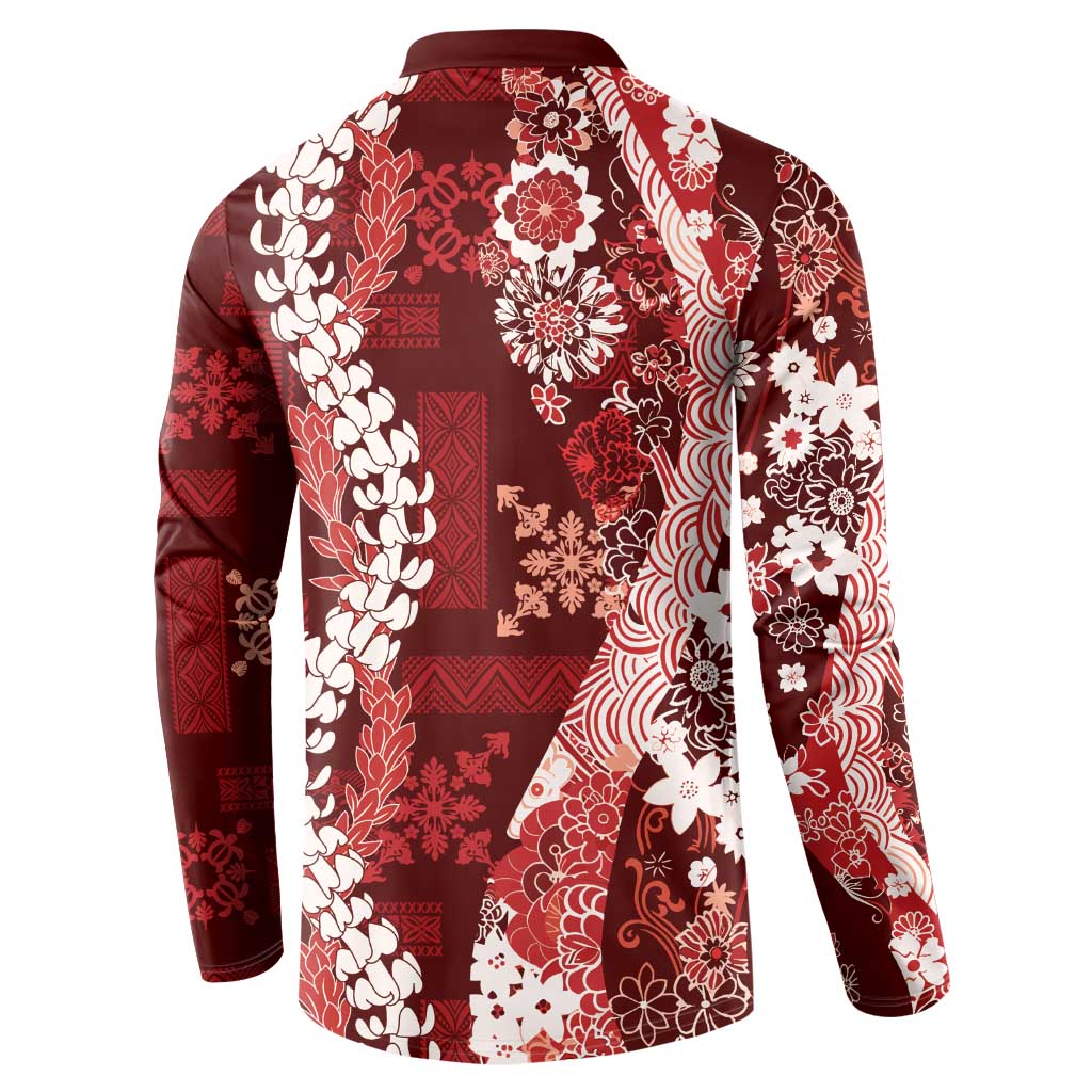 Hawaii Puakenikeni and Maile Lei Button Sweatshirt Red Japanese Wave Style - Polynesian Pride