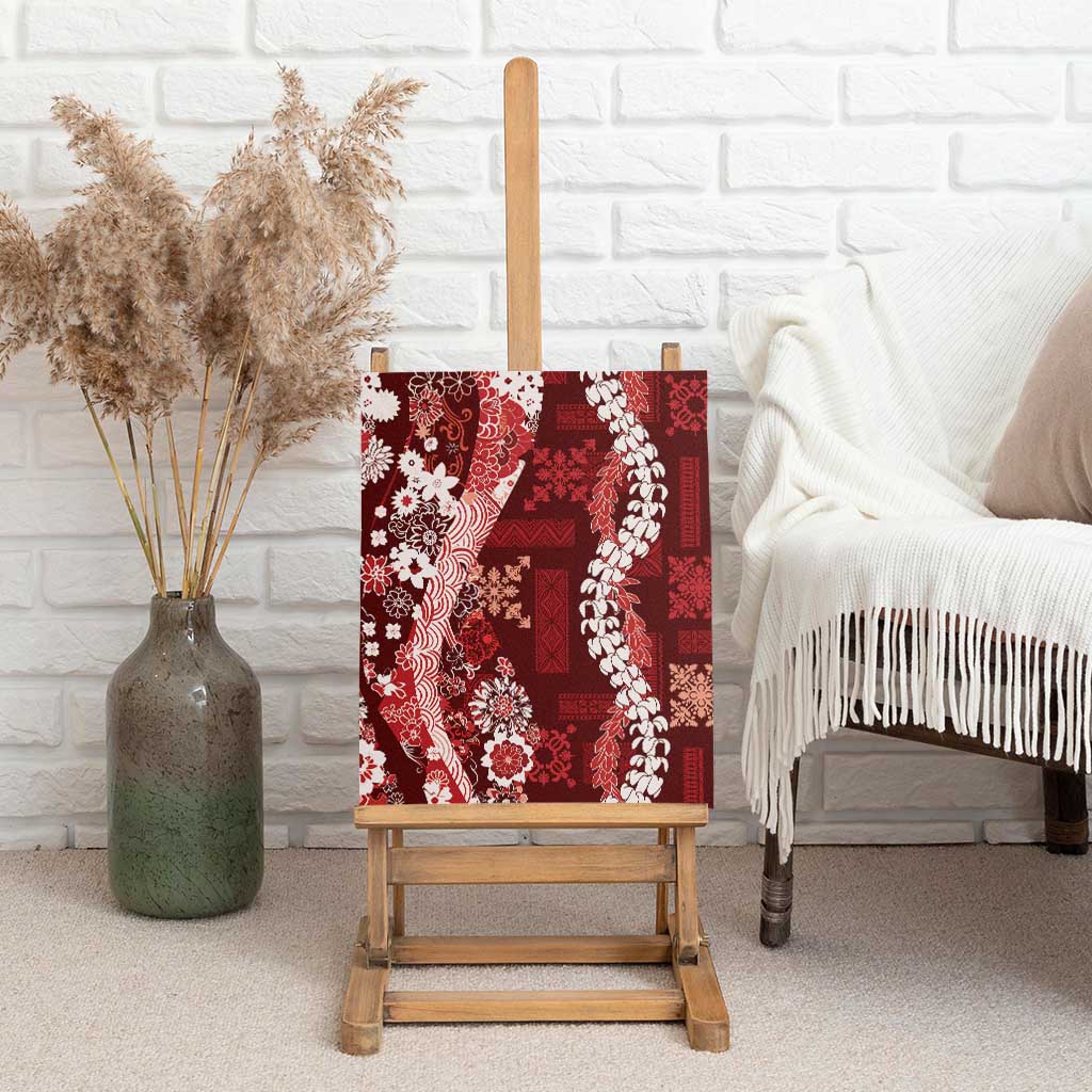 Hawaii Puakenikeni and Maile Lei Canvas Wall Art Red Japanese Wave Style - Polynesian Pride