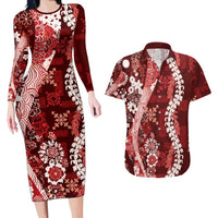 Hawaii Puakenikeni and Maile Lei Couples Matching Long Sleeve Bodycon Dress and Hawaiian Shirt Red Japanese Wave Style - Polynesian Pride