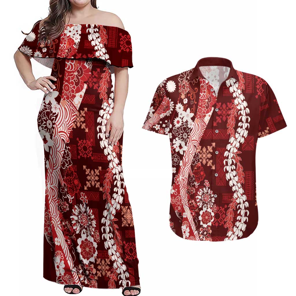 Hawaii Puakenikeni and Maile Lei Couples Matching Off Shoulder Maxi Dress and Hawaiian Shirt Red Japanese Wave Style - Polynesian Pride