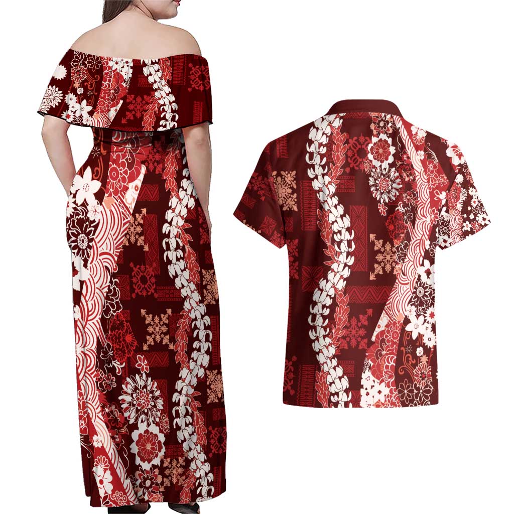 Hawaii Puakenikeni and Maile Lei Couples Matching Off Shoulder Maxi Dress and Hawaiian Shirt Red Japanese Wave Style - Polynesian Pride