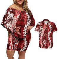 Hawaii Puakenikeni and Maile Lei Couples Matching Off Shoulder Short Dress and Hawaiian Shirt Red Japanese Wave Style - Polynesian Pride